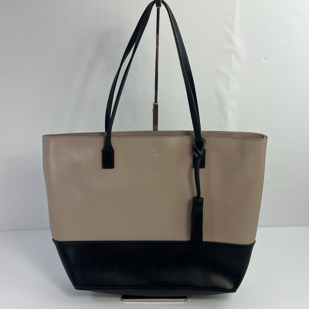 Kate Spade Black Pale Pink Leather Tote Wright Place Karla Tassel Logo Purse Bag - Picture 2 of 10